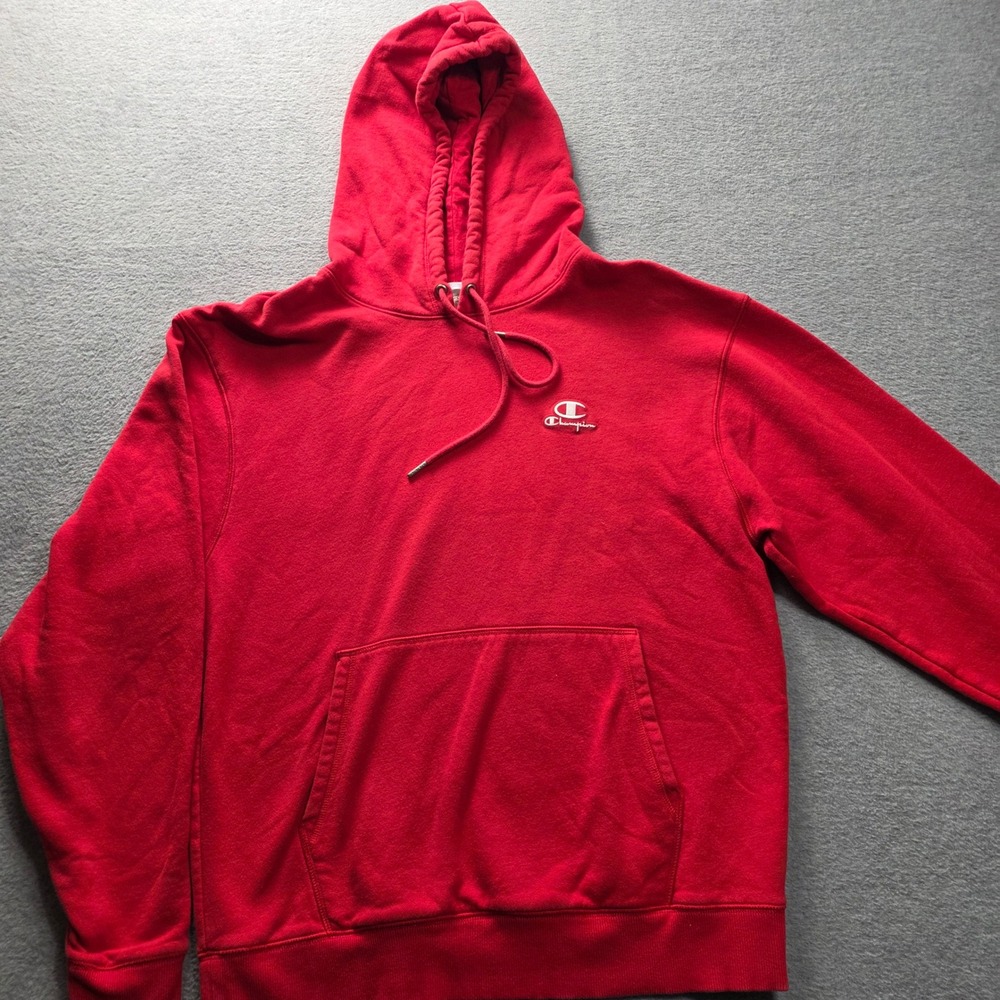Champion Classic Fleece Hoodie Red Embroidered Script Logo Sweatshirt Medium